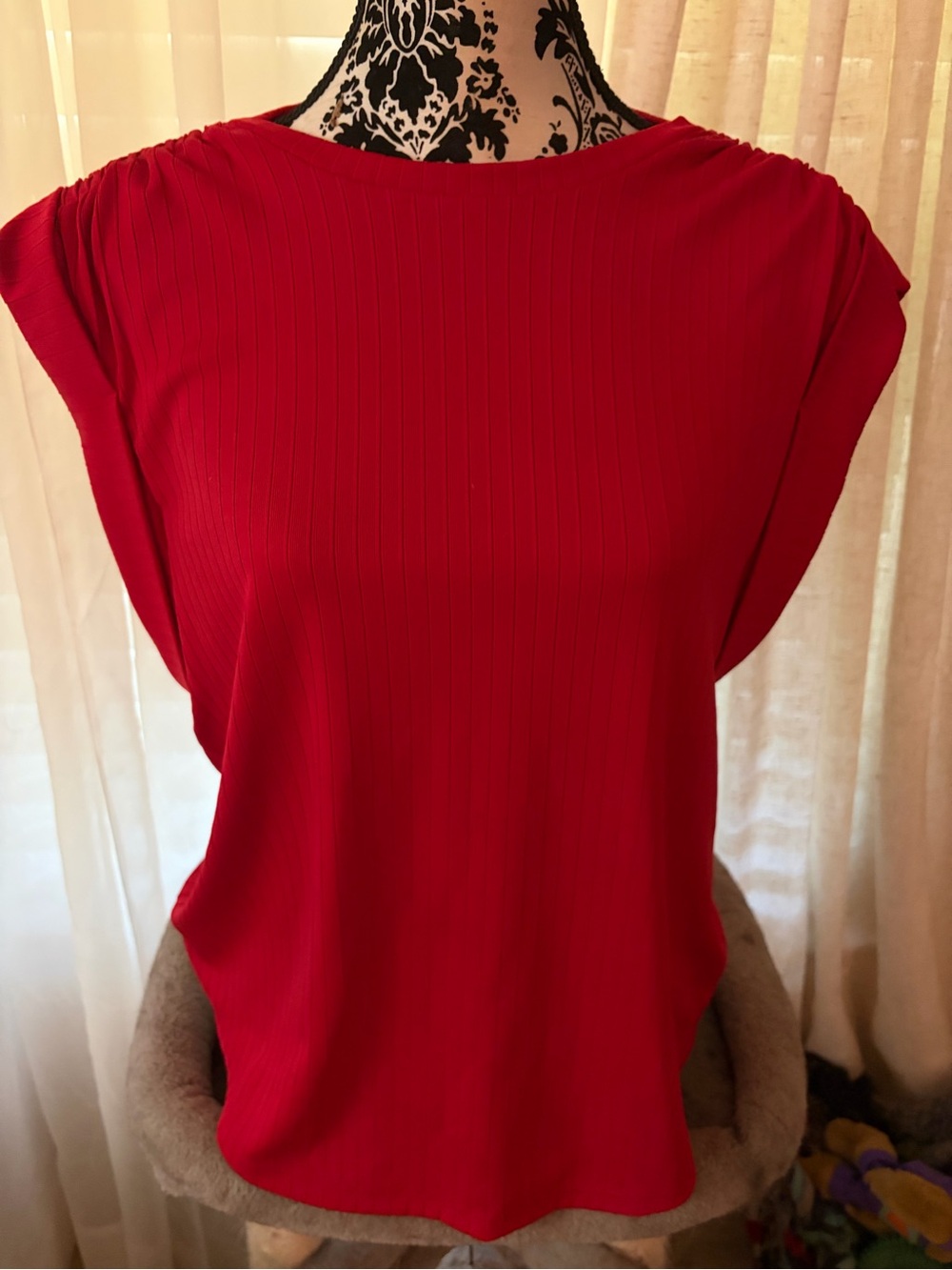 Nine West Red Ribbed Cap-Sleeve Top